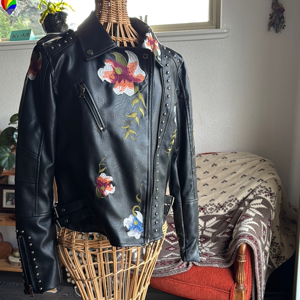 Floral Embroidered Black Leather Jacket